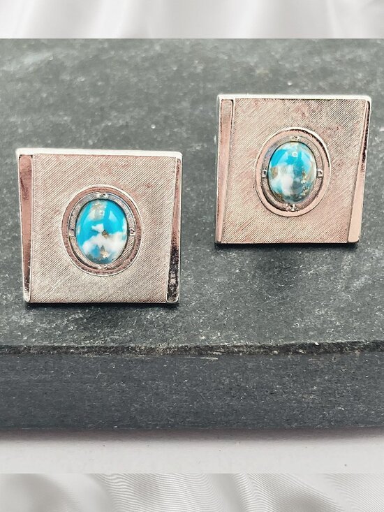 Anson Other - ANSON Vintage gold flecked turquoise lucite silver tone metal square cuff links